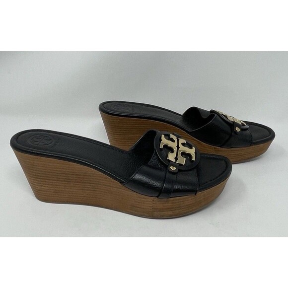 Tory Burch Patti 3 Black Pebbled Leather Wedge Sandals Size 10.5M - Picture 3 of 8